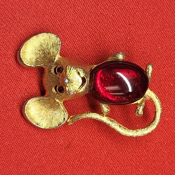VTG Park Lane Gold Tone Mouse Brooch Pin Jelly Belly Red Eyes - Picture 7 of 12